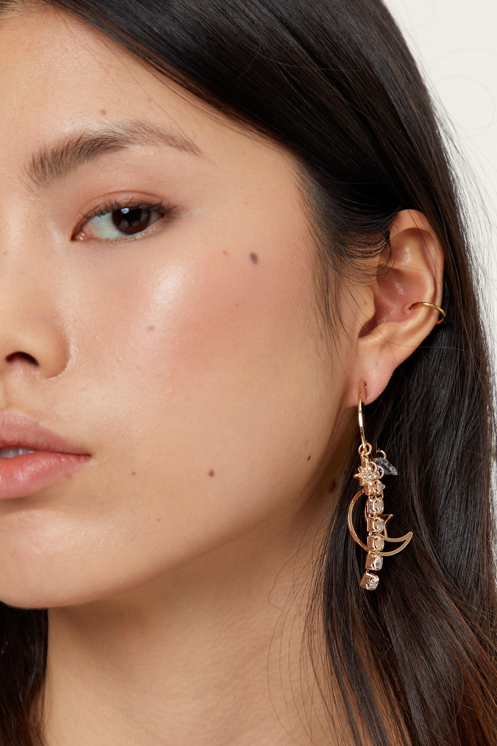 Boucles D'Oreilles Recyclées Avec Pendentifs Lune Et Étoile - Métallique - One Size, Métallique