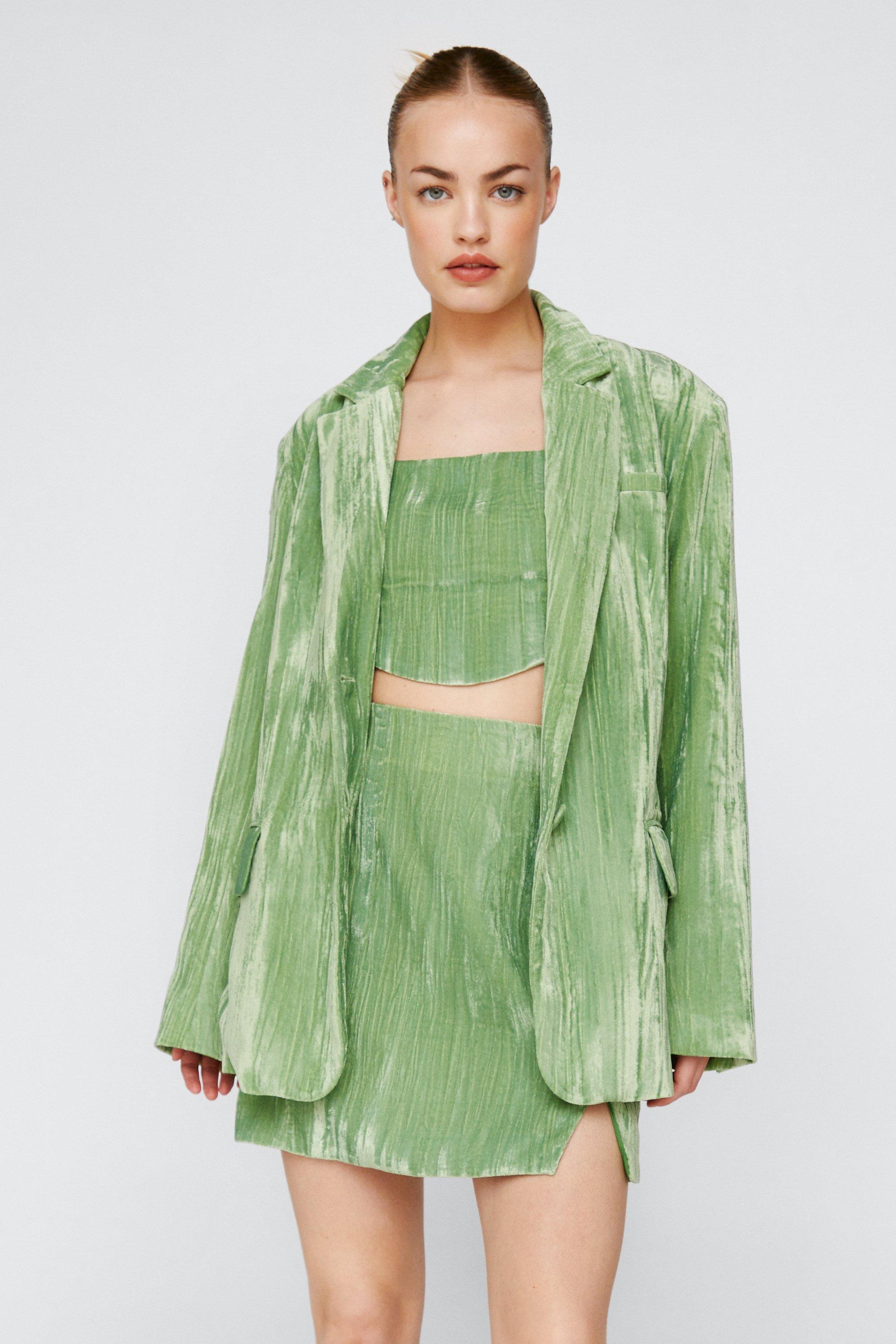 Blazer En Velours Oversize Plissé - Vert - 32, Vert