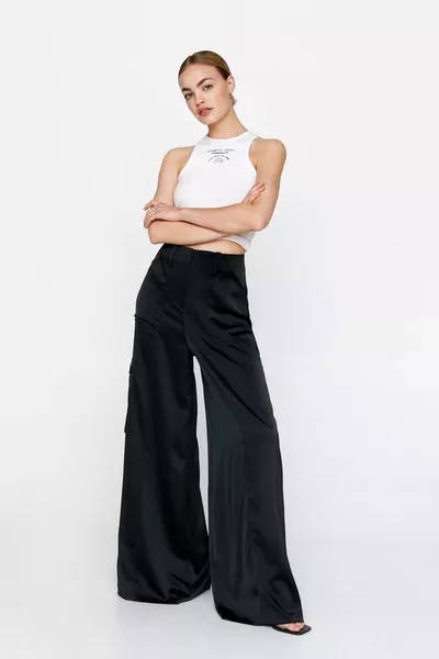 Satin Super Wide Leg Cargo Pants