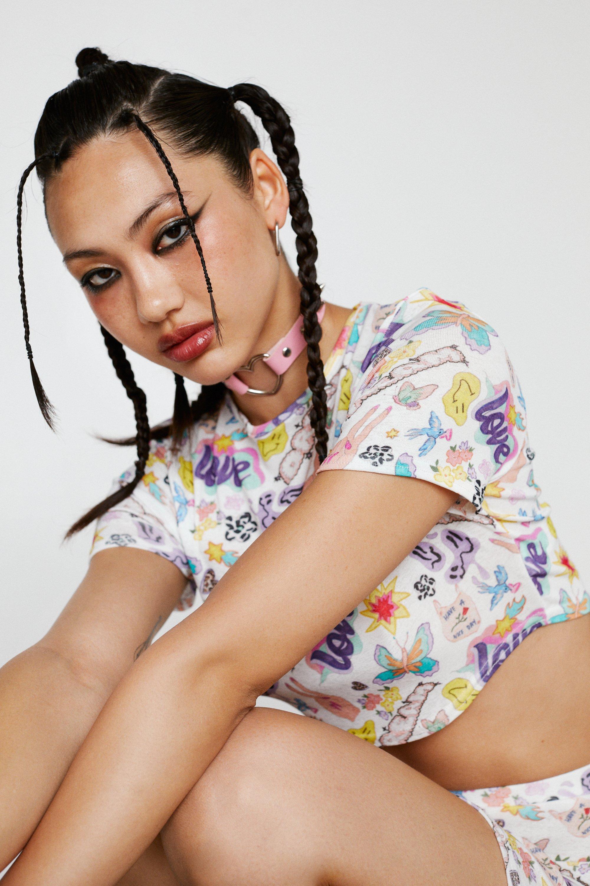 Crop Top À Manches Courtes À Imprimé Cartoon - Multicolore - 32, Multicolore