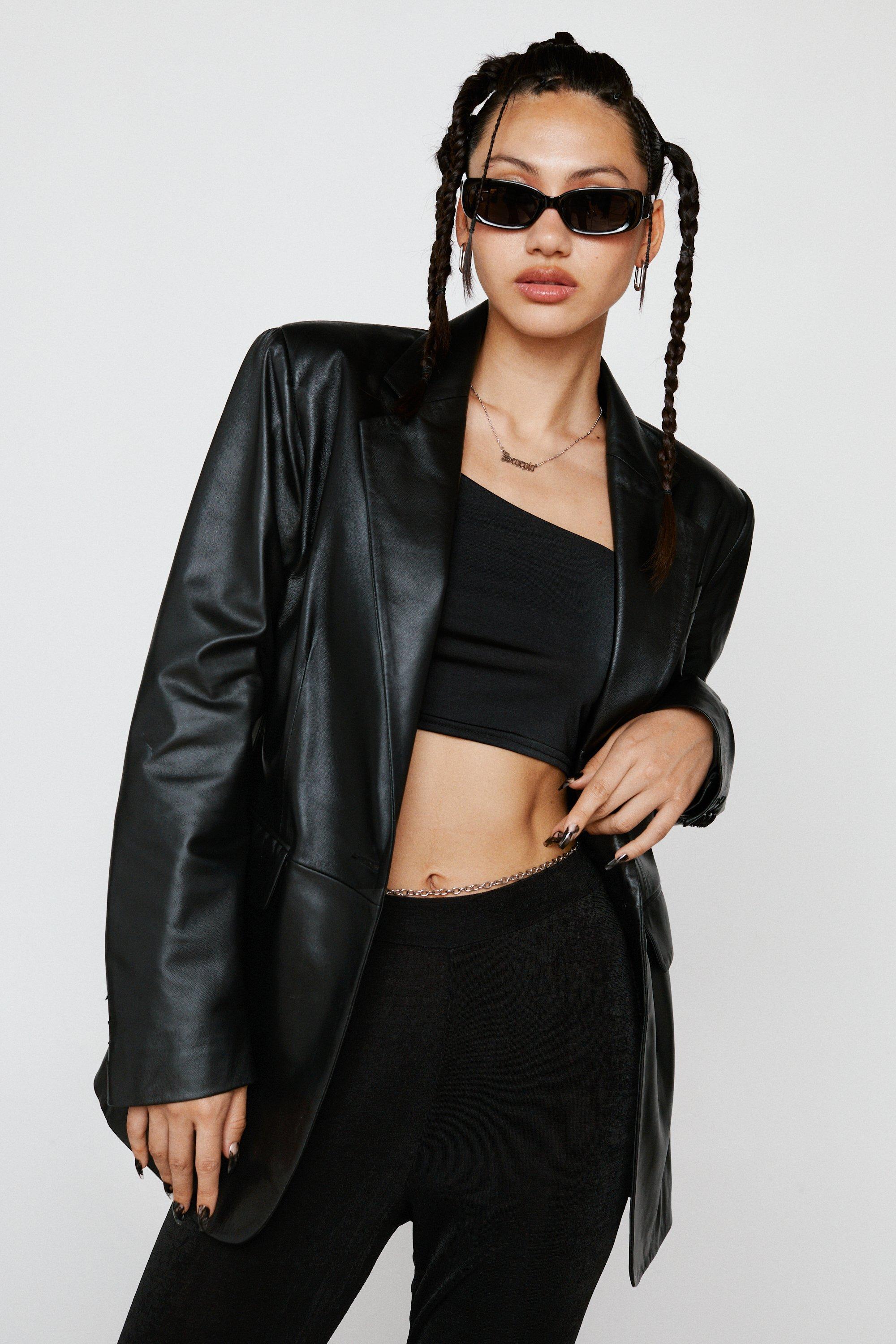 Veste Blazer Croisée En Cuir - Noir - 34, Noir
