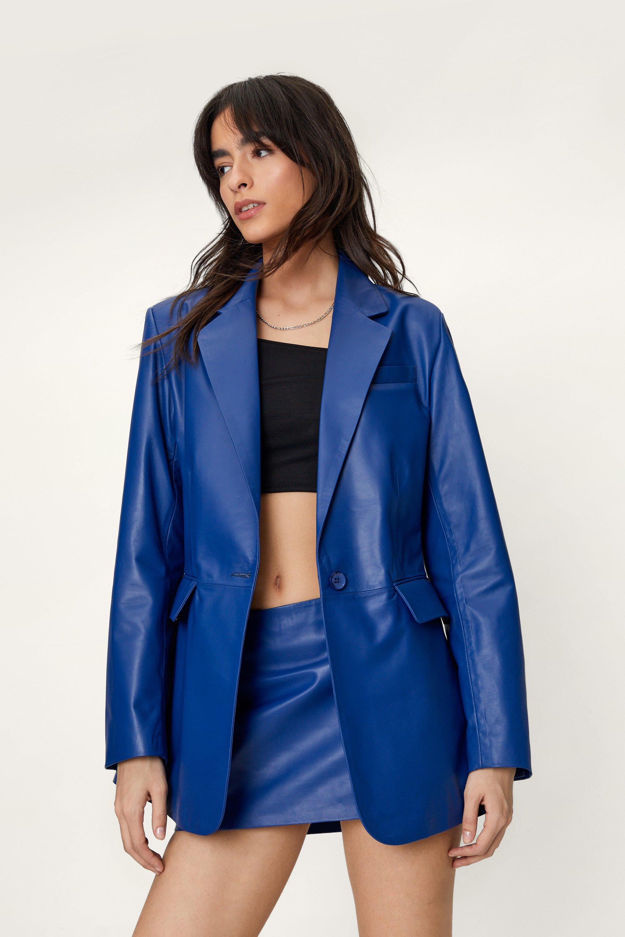 Veste Blazer Croisée En Cuir - Bleu - 38, Bleu