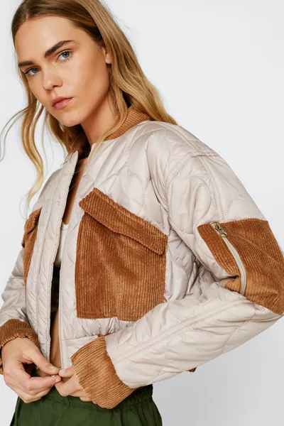 Cord Pocket Quilted Cropped Bomber Jacket
