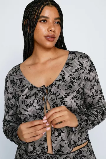 Plus Size Flocked Tie Front Long Sleeve Top