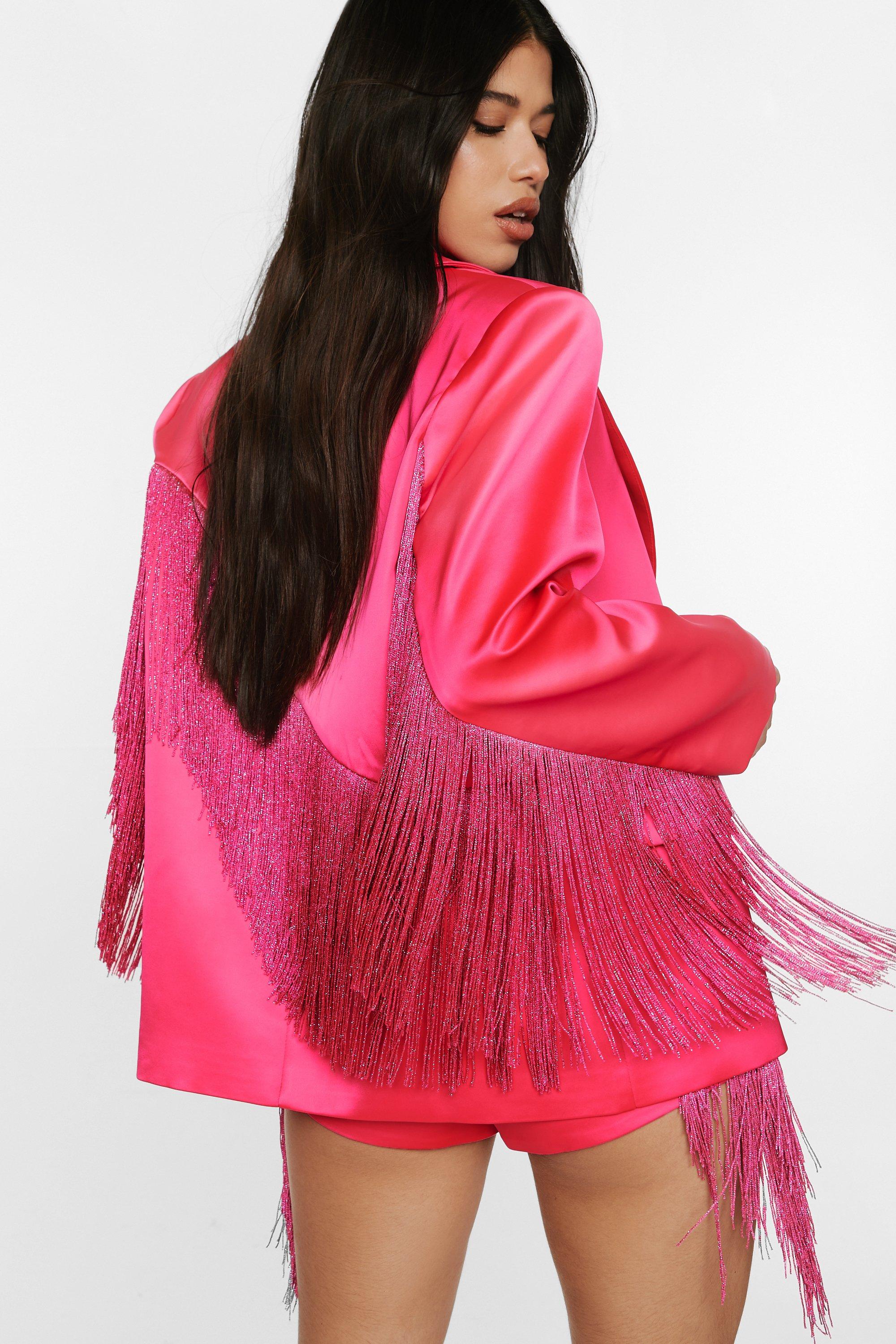 Premium Bonded Satin Fringe Blazer - 36 - Nasty Gal - Modalova