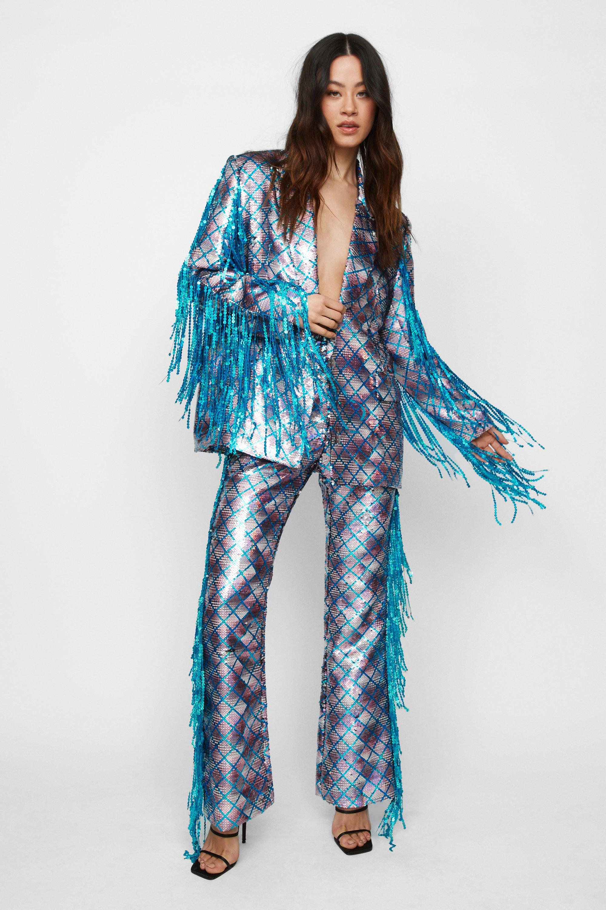 Premium Mermain Sequin Fringe Flare Trousers - 42 - Nasty Gal - Modalova