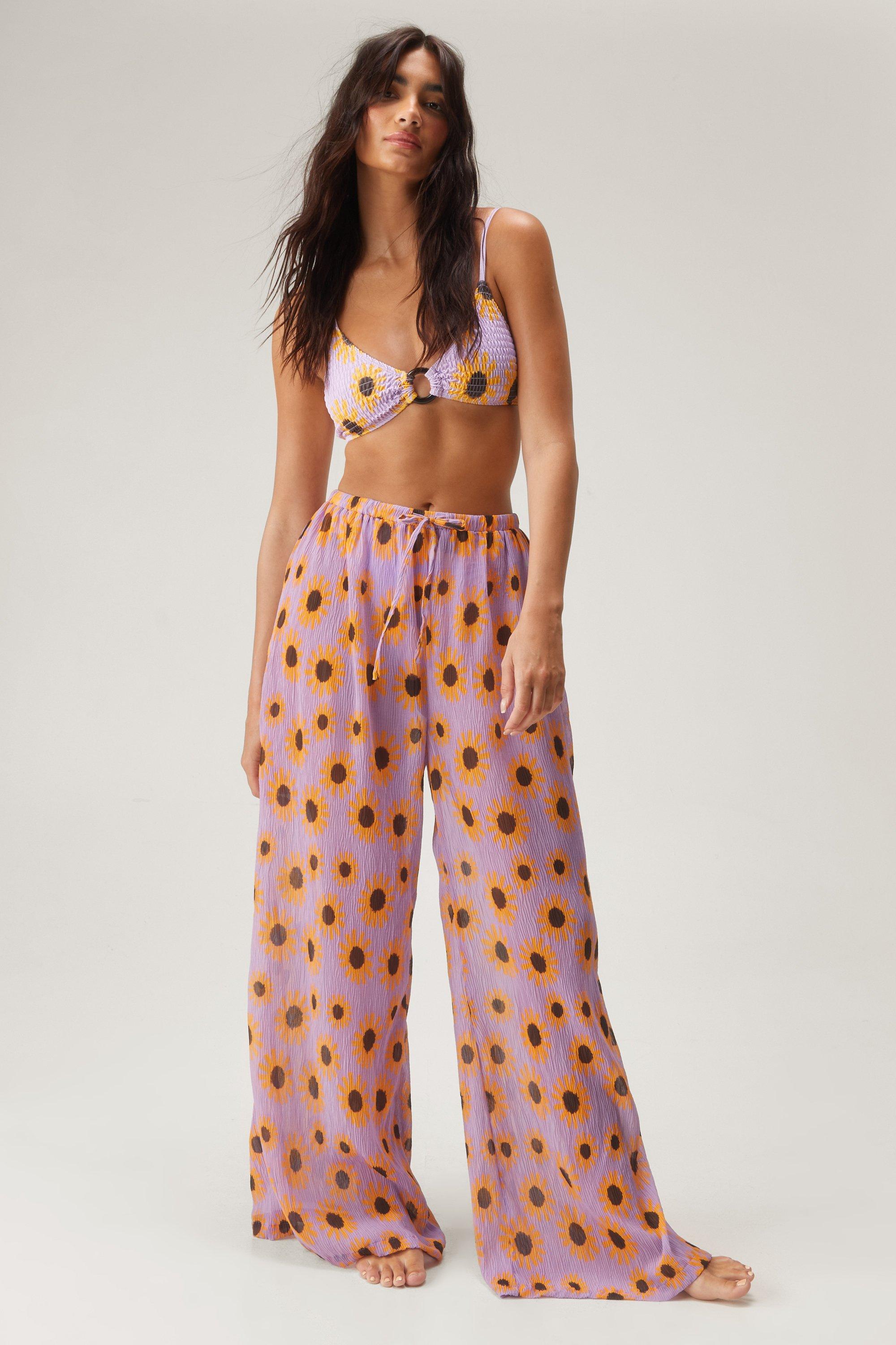 Plisse Sunflower Wide Leg Beach Trousers - L - Nasty Gal - Modalova