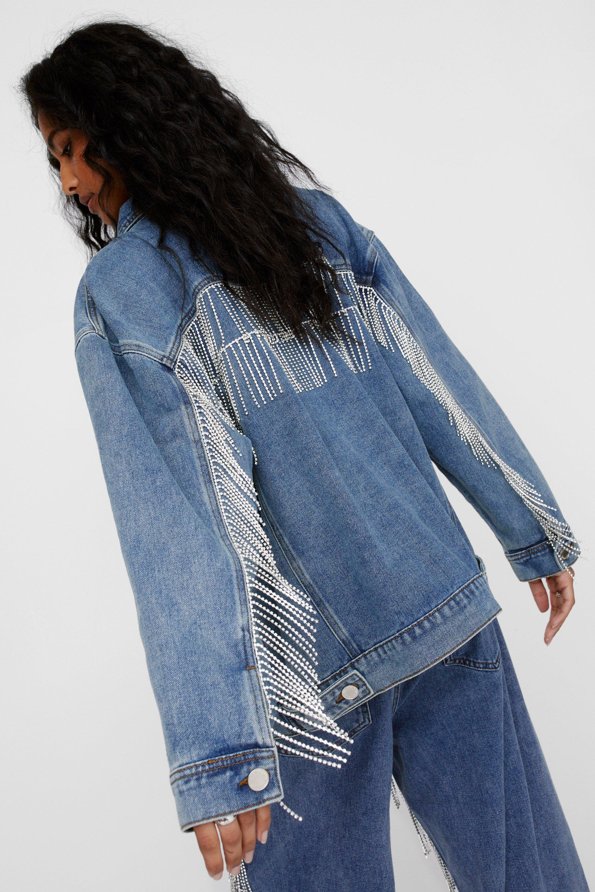Diamante Fringe Trim Denim Jacket - 32 - Nasty Gal - Modalova