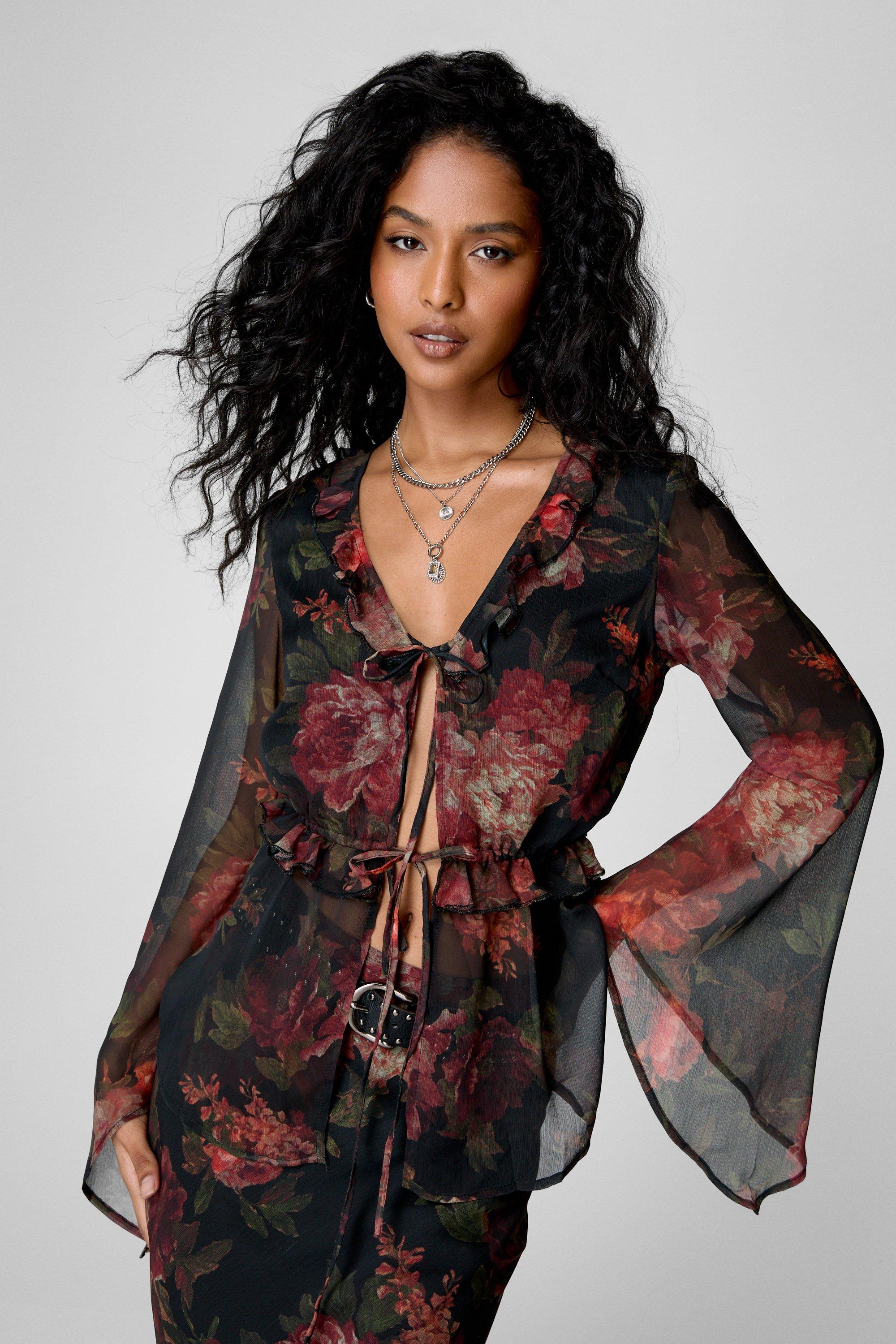 Vintage Floral Sheer Tie Front Top - 44 - Nasty Gal - Modalova