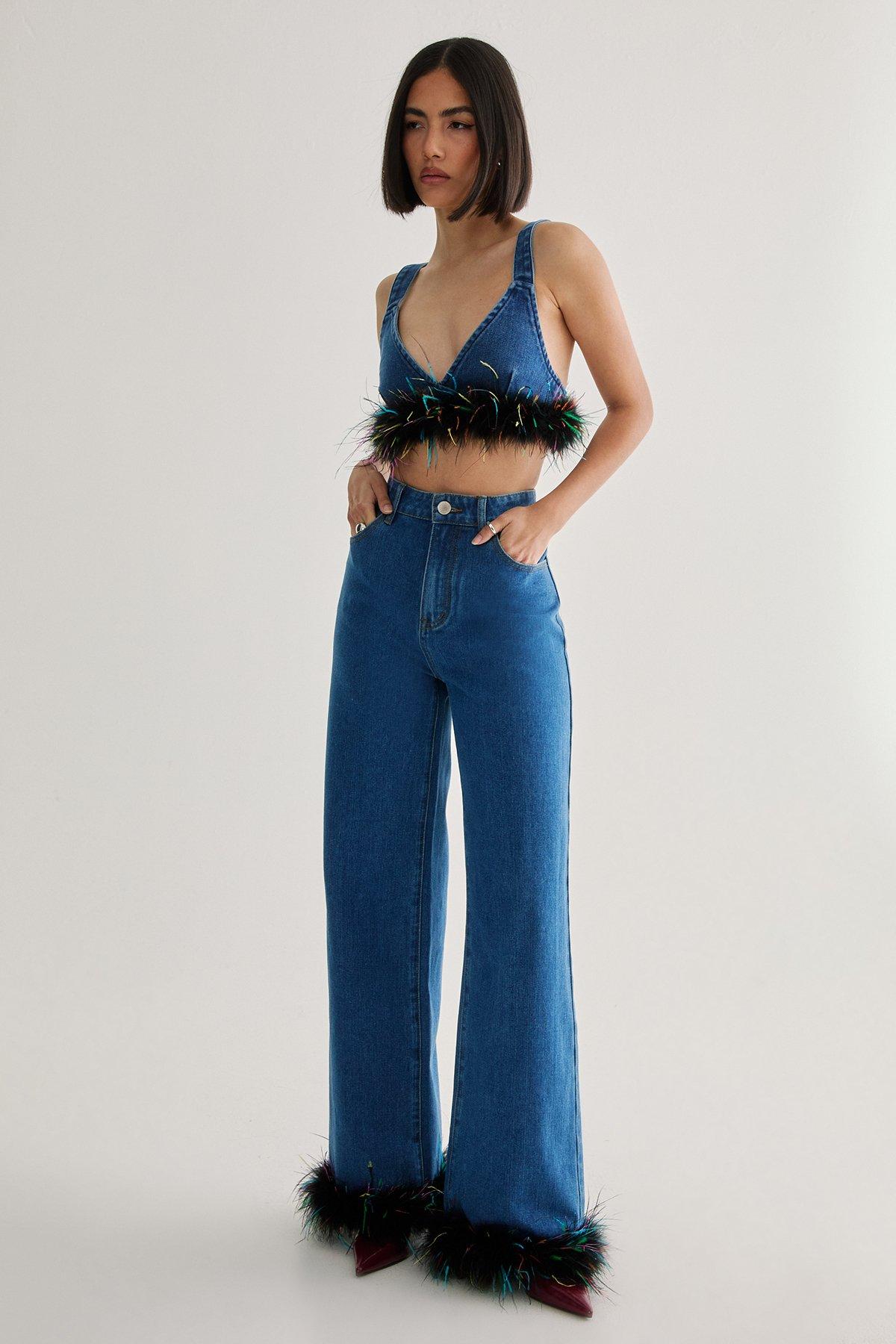 Limited Feather Trim Denim Jean - 32 - Nasty Gal - Modalova