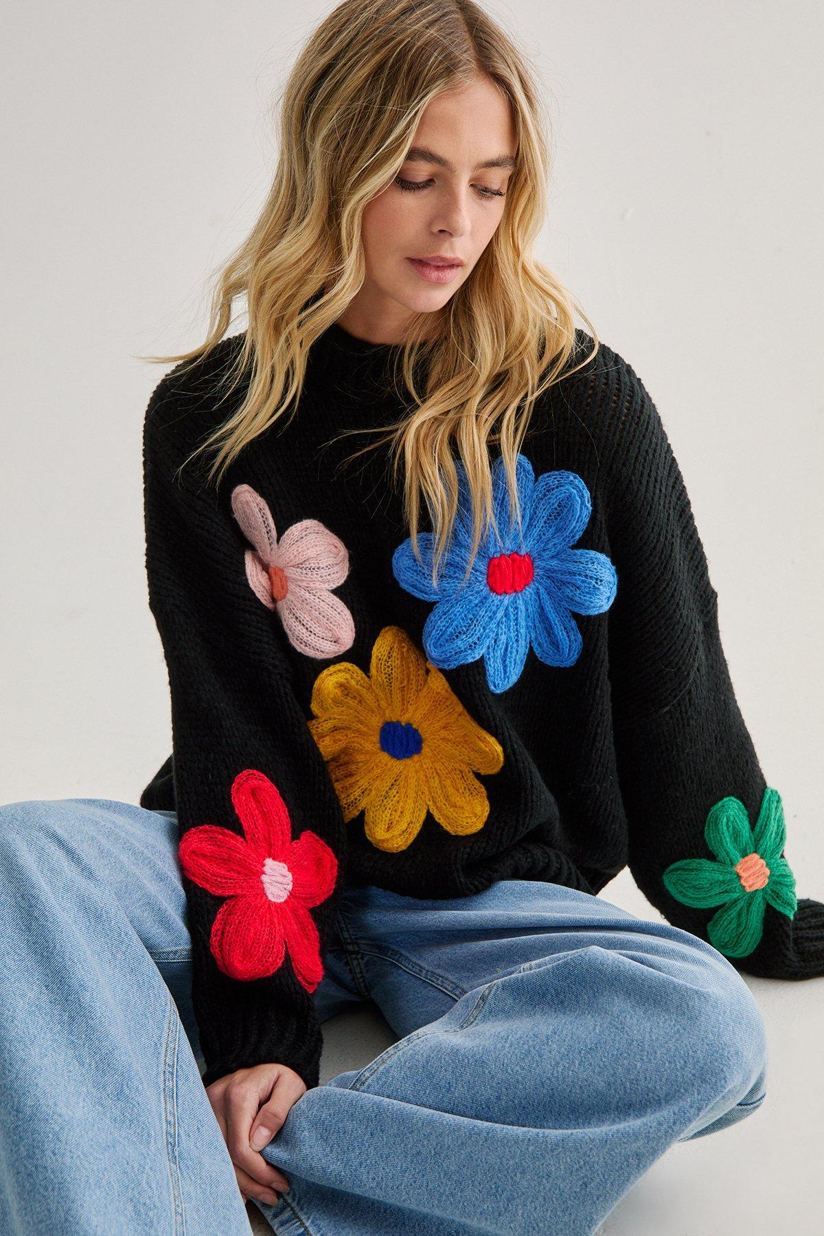 Chunky Knit Flower Detail Crew Neck Jumper - M/L - Nasty Gal - Modalova