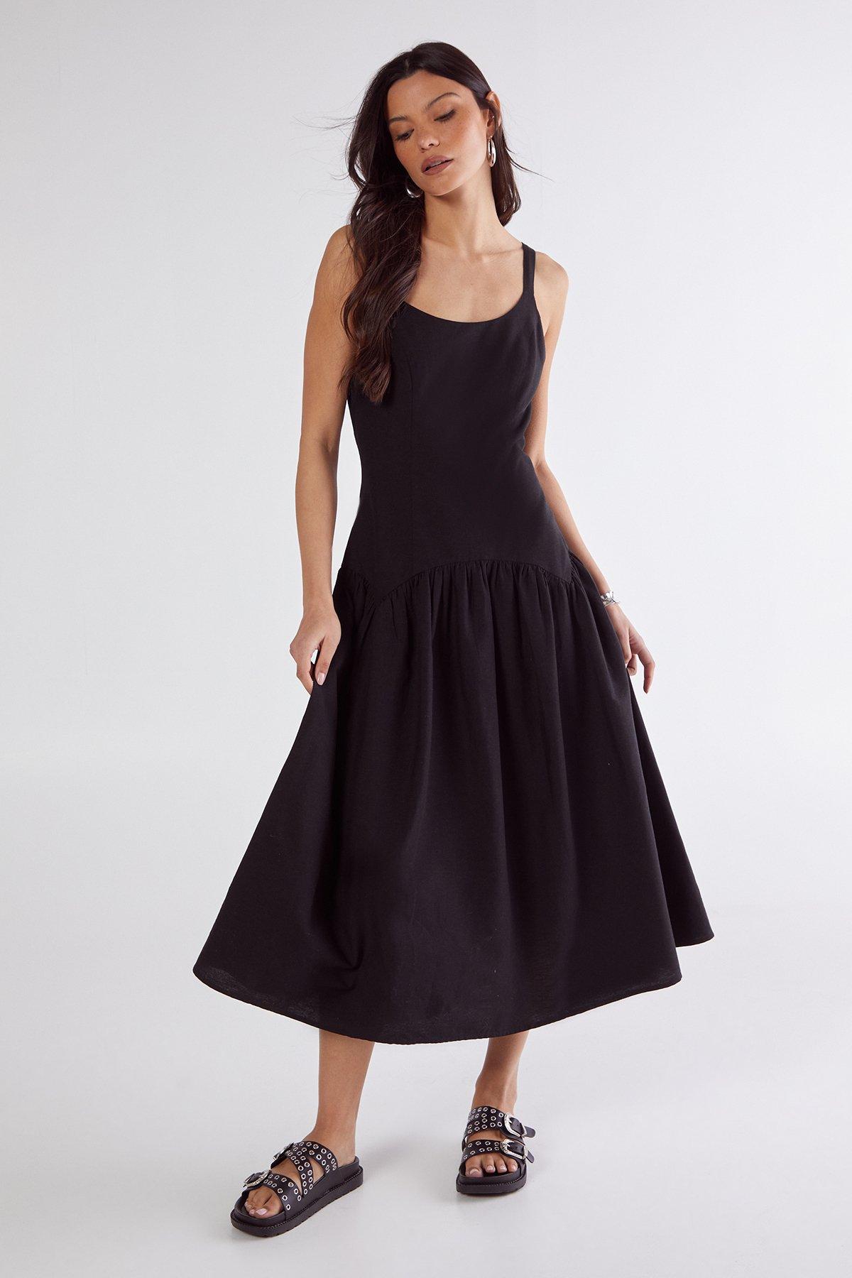 Linen Mix Drop Waist Seamed Midi Dress - 32 - Nasty Gal - Modalova