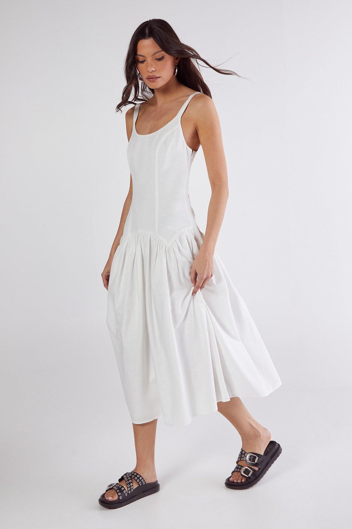 Linen Mix Drop Waist Seamed Midi Dress - 32 - Nasty Gal - Modalova