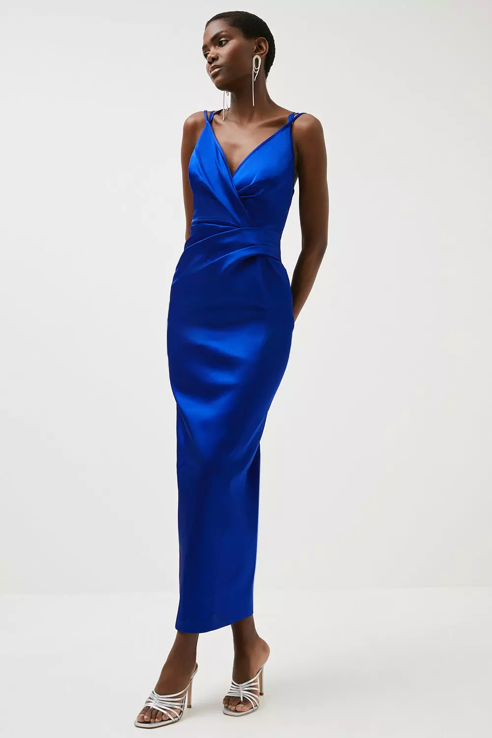 Italian Structured Satin Strappy Tailored Maxi Dress | Karen Millen