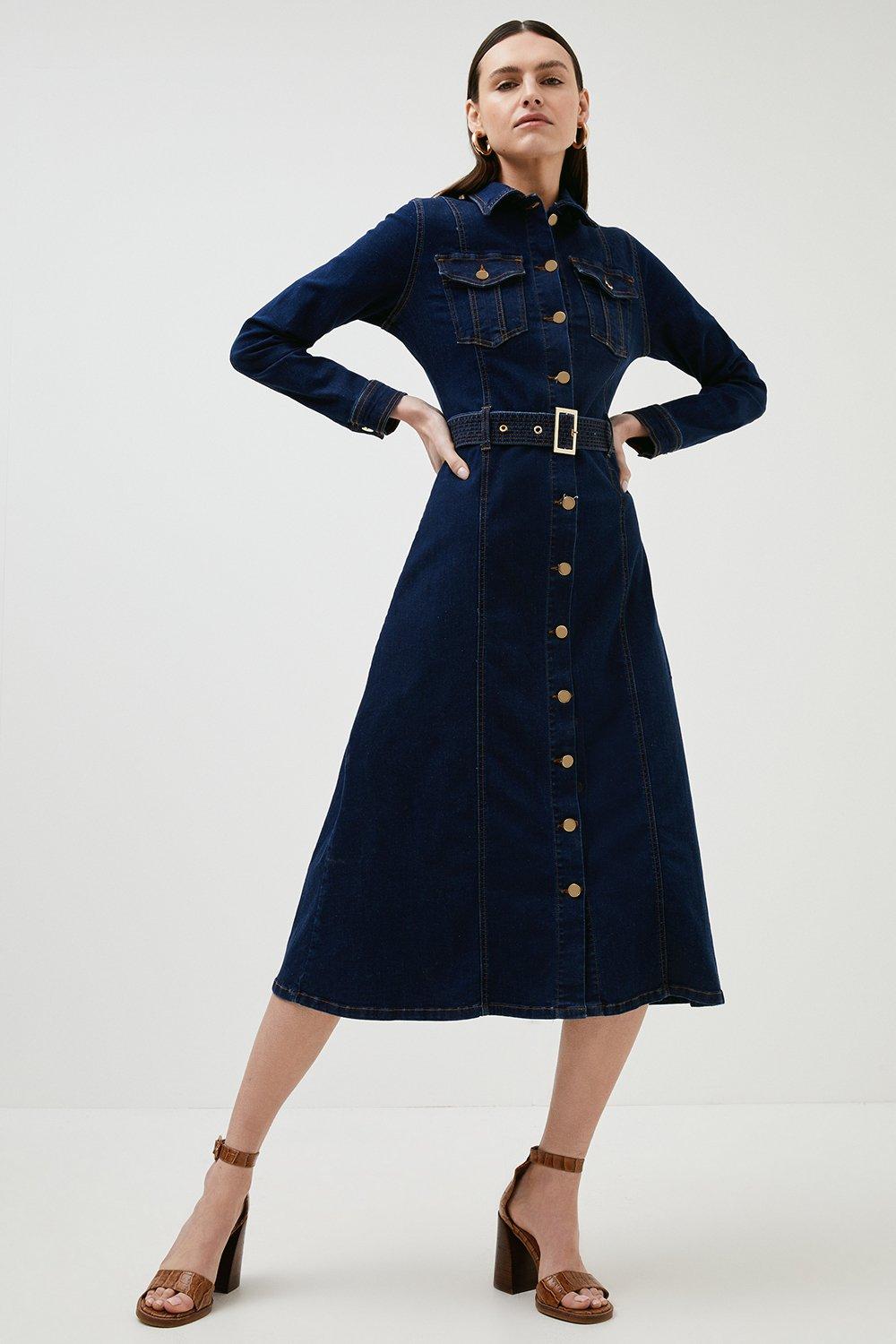 Denim Western Belted Midi Shirt Dress | Karen Millen