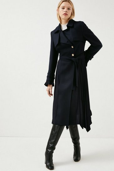 Wool Blend Pleated Contrast Trench Coat
