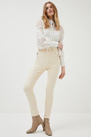 Cream White High Rise Skinny Ripped Button Detail Jeans