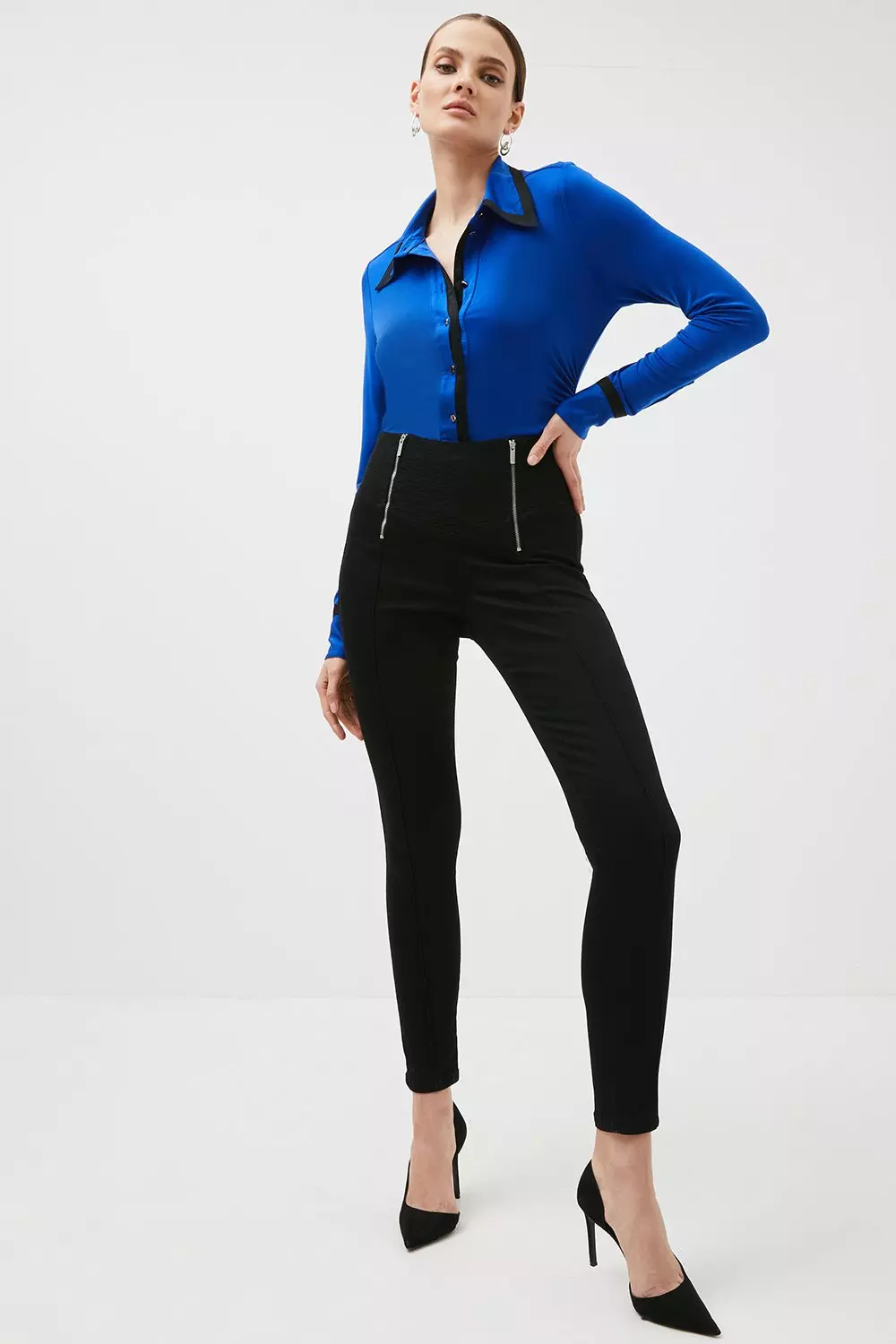 High Rise Skinny Zip Detail Stretch Jeans