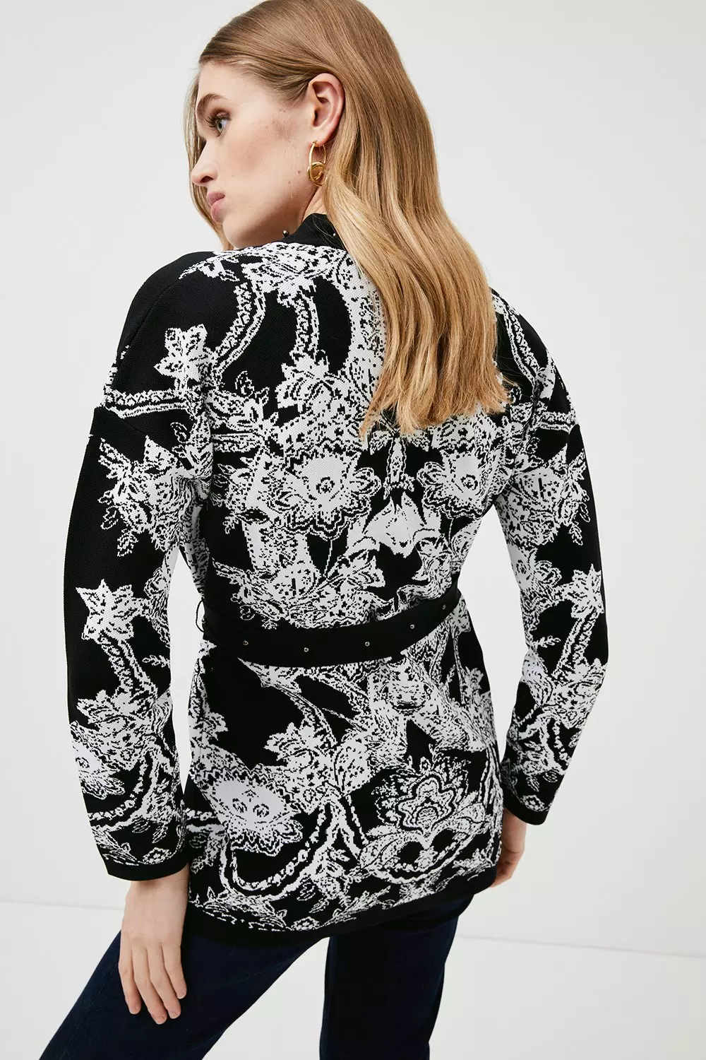 Mirror Paisley Jacquard Knit Belted Cardigan