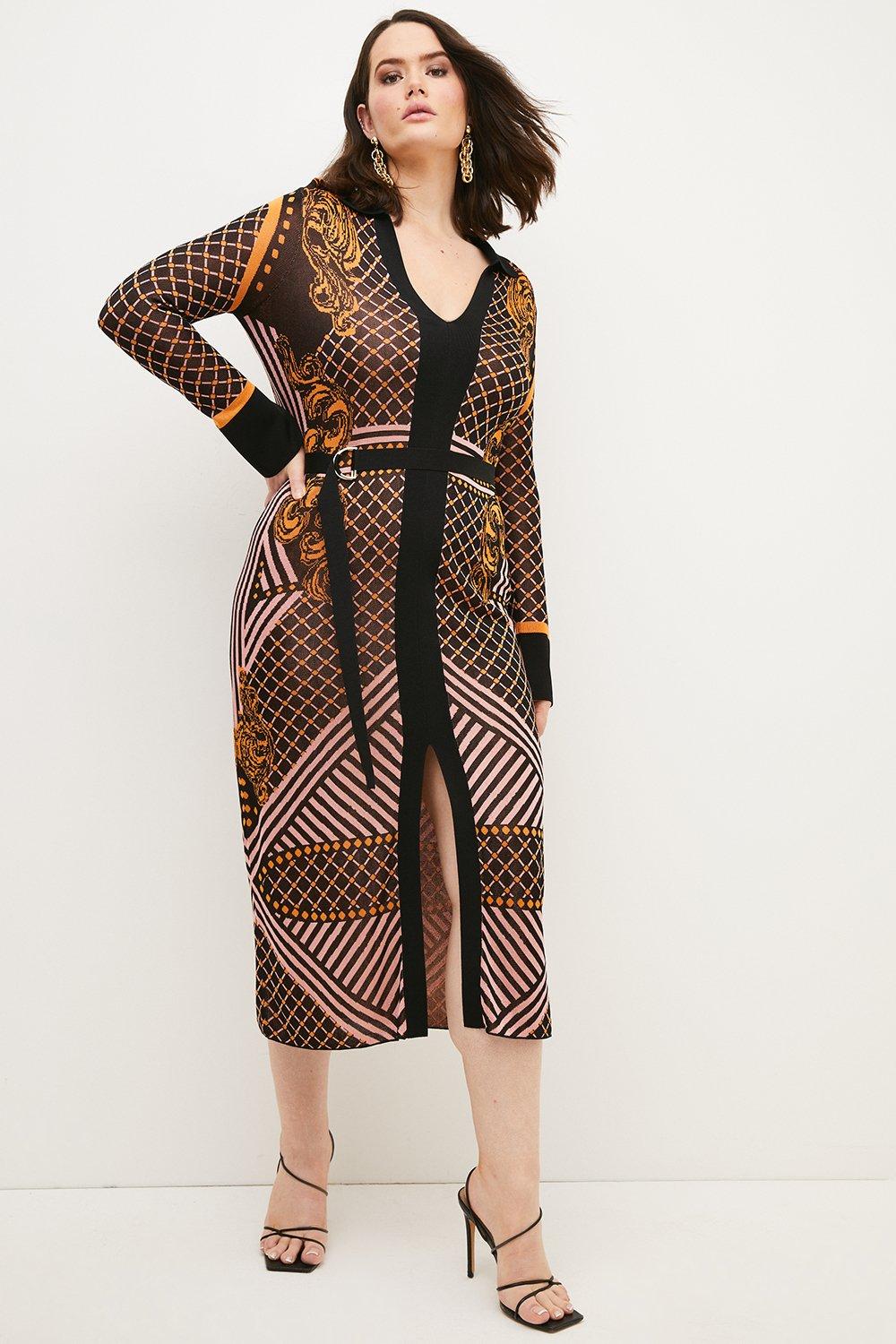Plus size Slinky Knit Baroque Belted Dress | Karen Millen