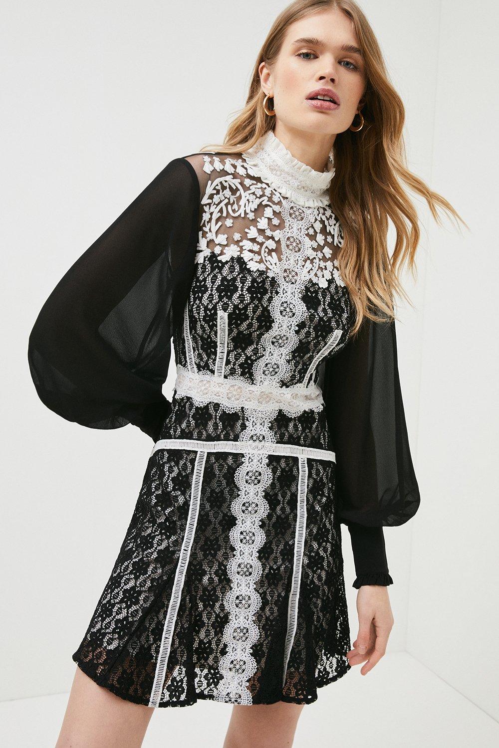 Product photo of Karen millen lace applique hi neck woven mini dress - mono