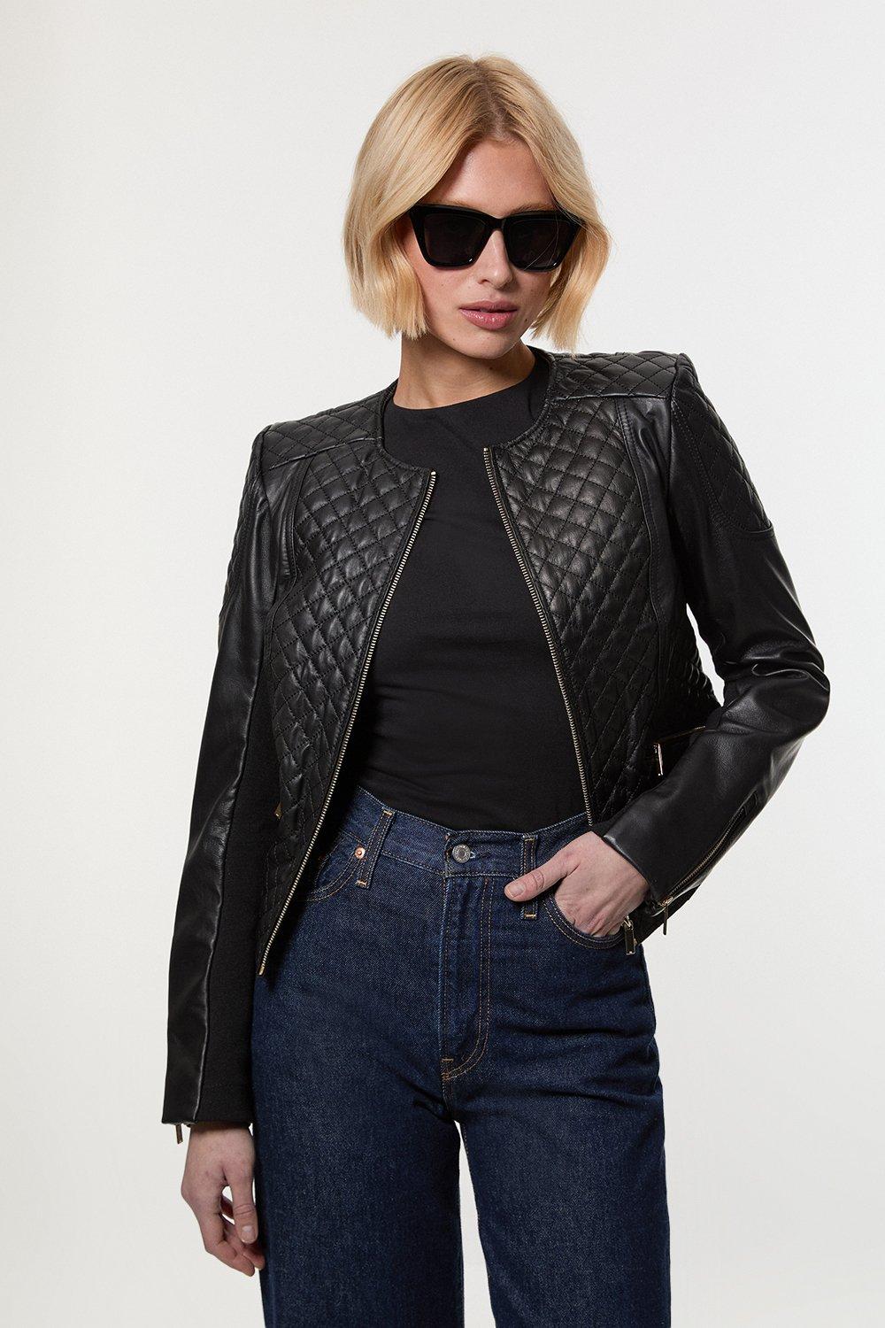 Leather Quilted Biker Jacket - Black