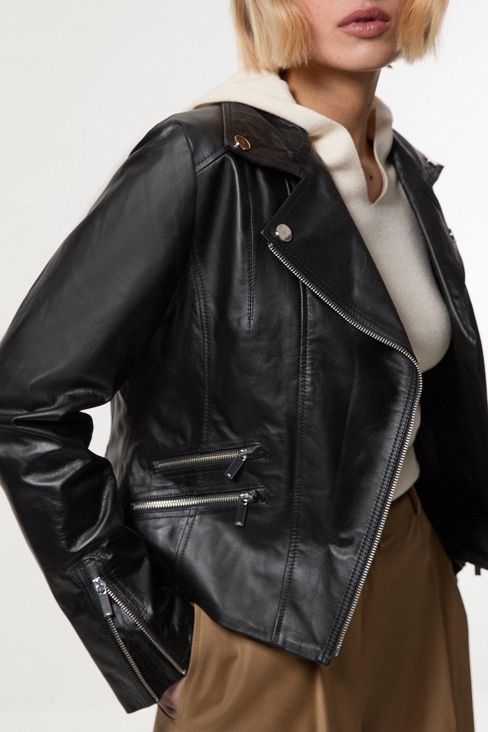 Amerikaans voetbal Oh jee wat betreft Leather Signature Moto Jacket | Karen Millen