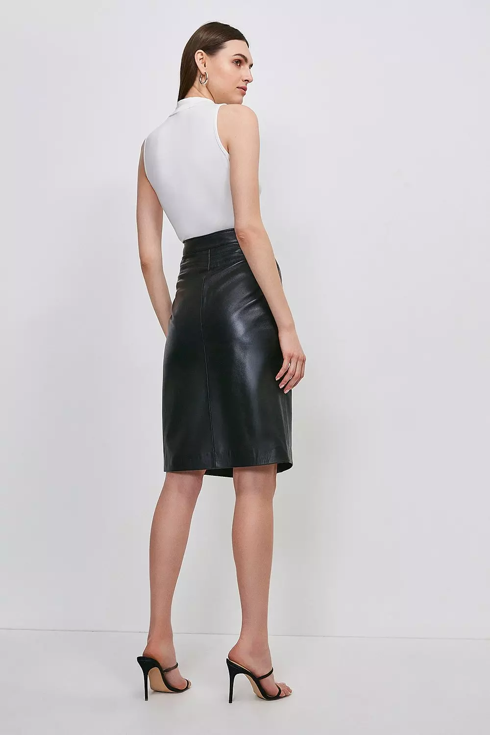 Warehouse black outlet leather pencil skirt