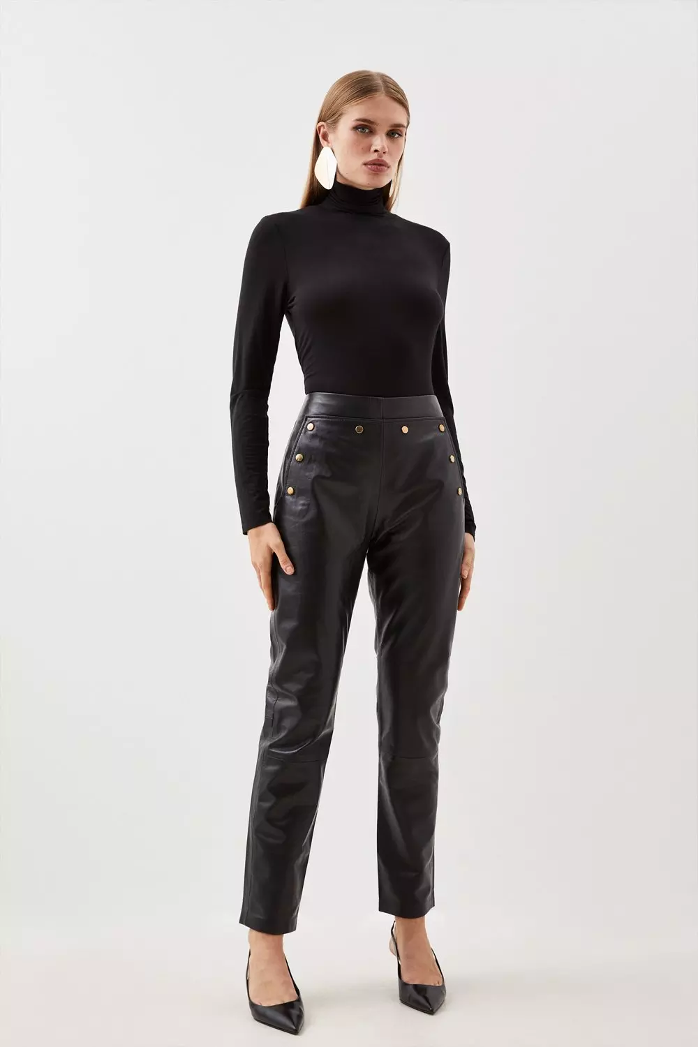KAREN MILLEN Petite Leather Button Detail Trouser in Black