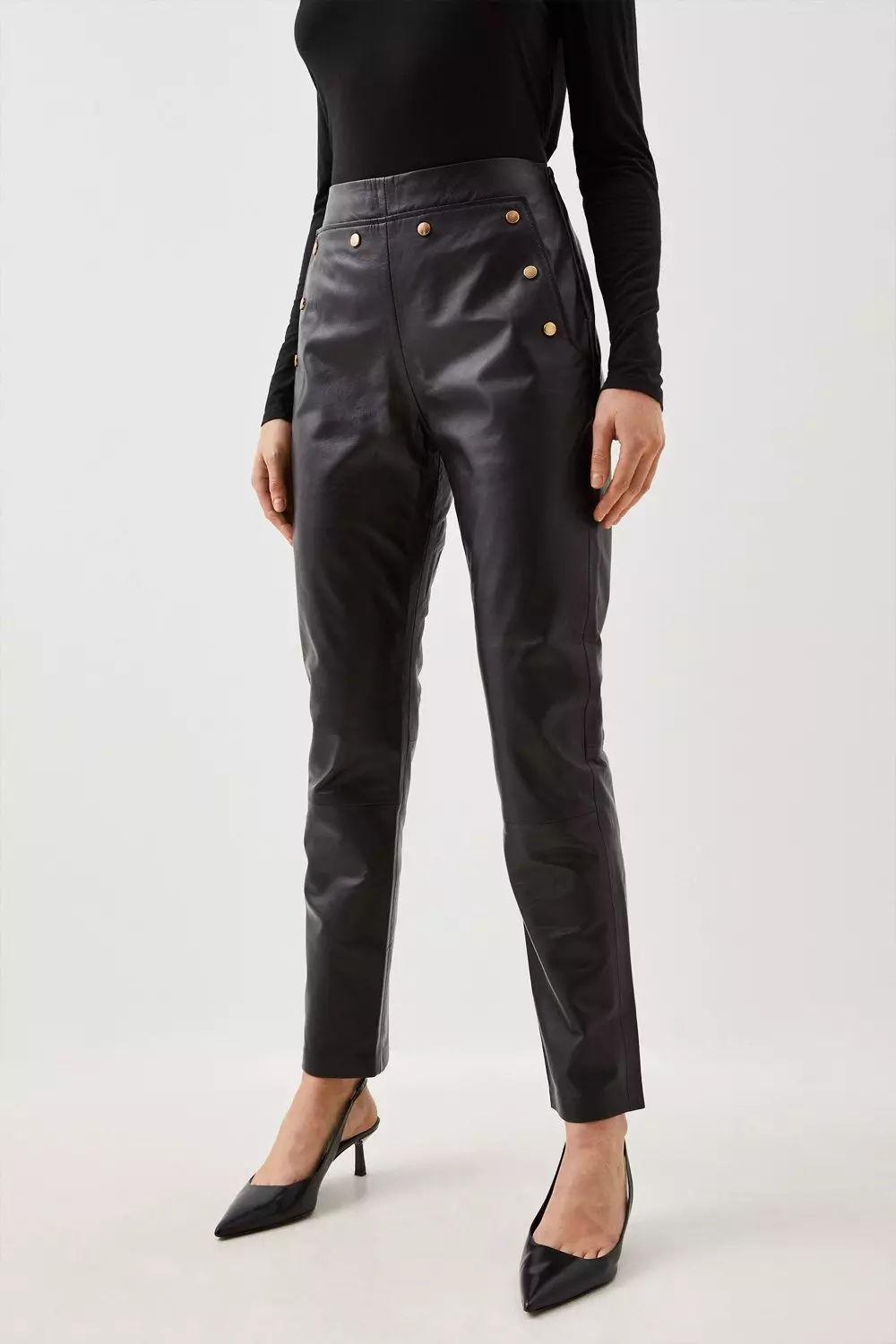 FAUX LEATHER TROUSERS WITH GOLDEN BUTTONS - Black