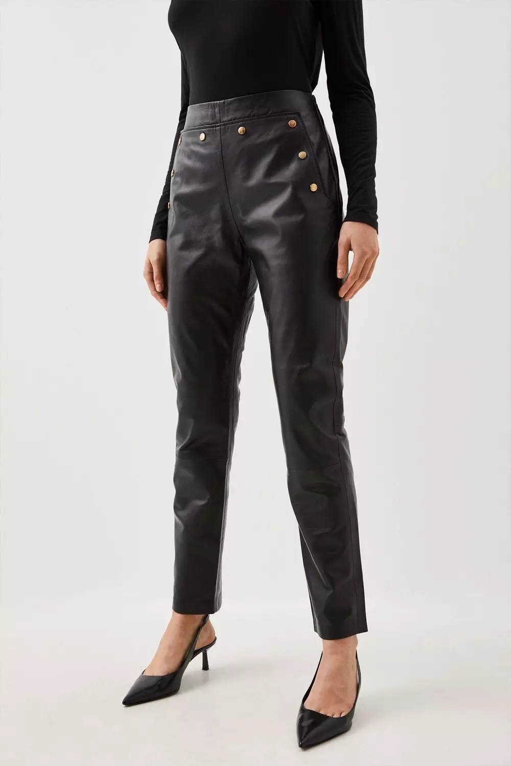 KAREN MILLEN Petite Leather Button Detail Trouser in Black