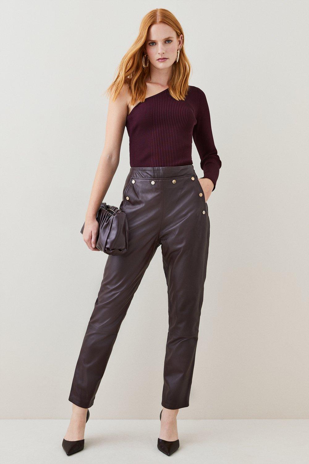 Petite Leather Button Detail Pants