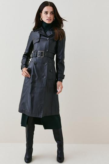Black Leather Trench Belted Mac Coat