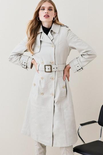 Cream White Leather Trench Belted Mac Coat