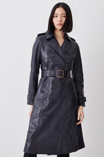 Navy Leather Trench Belted Mac Coat