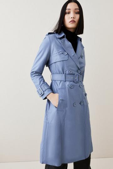 Blue Leather Trench Belted Mac Coat