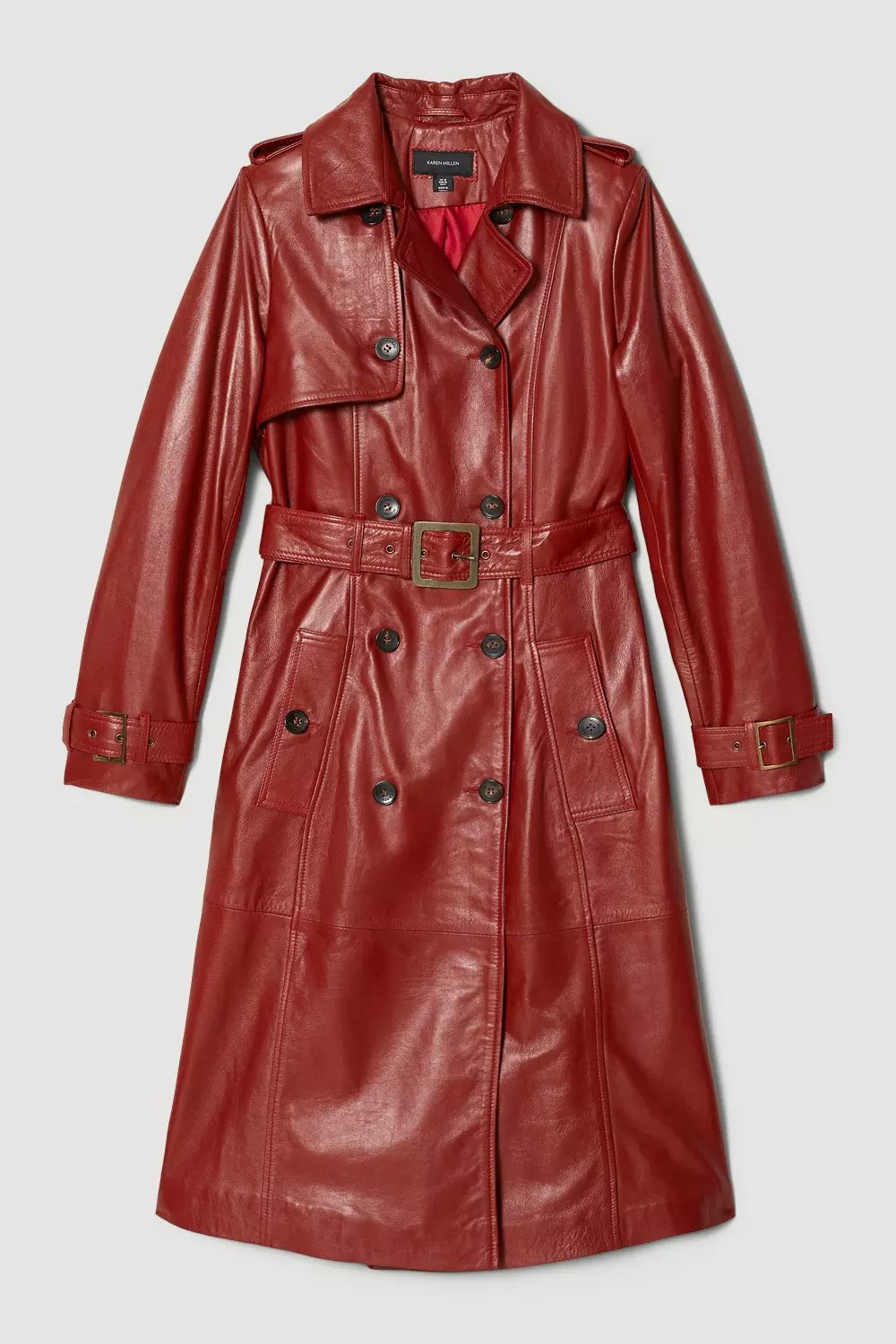 red leather trench