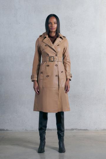 Leather Trench Belted Mac Coat tan