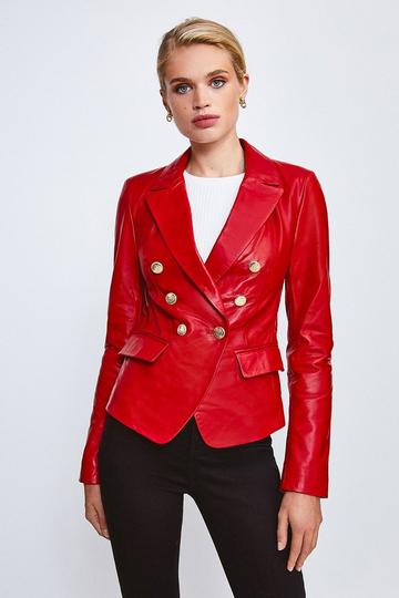 Red Leather Gold Button Blazer