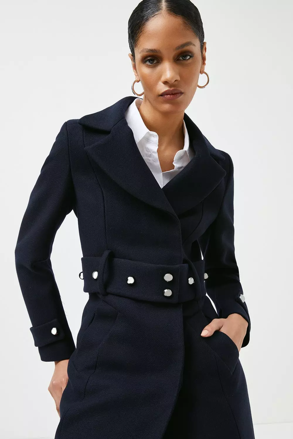 Navy belted store coat womens