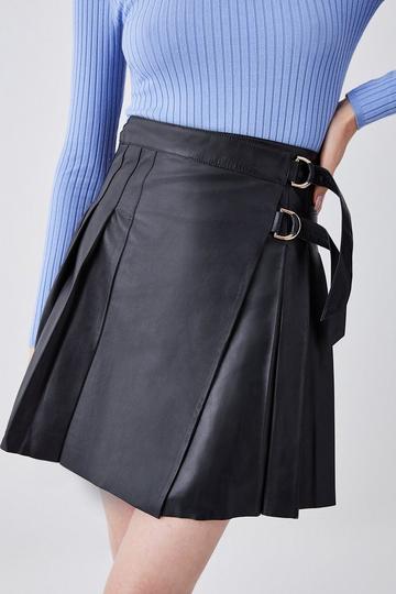 Black Leather Pleated Buckle Kilt Skirt