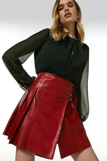 Leather Pleated Buckle Kilt Skirt red