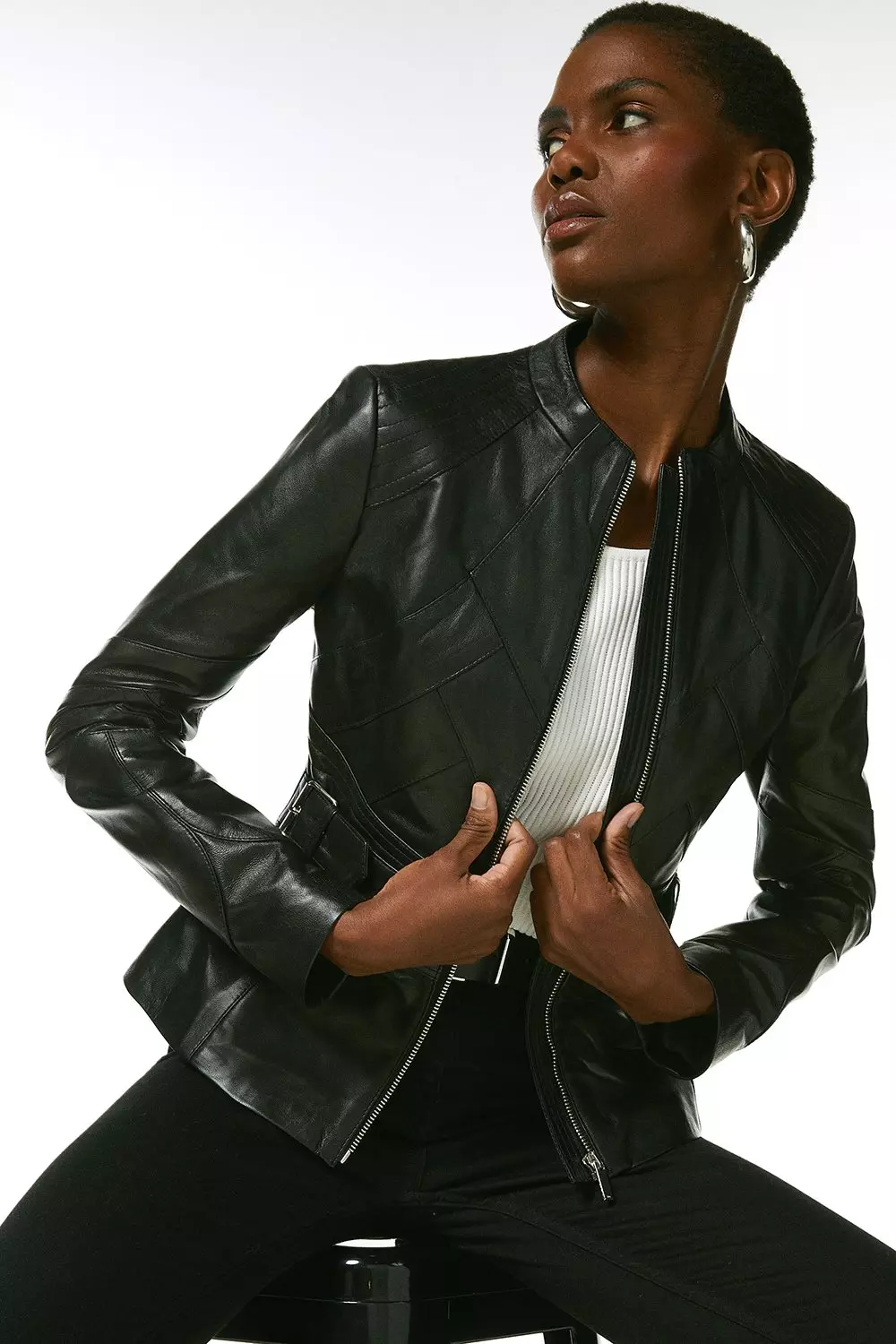 Petite Black Faux Leather Zip Detail Biker Jacket