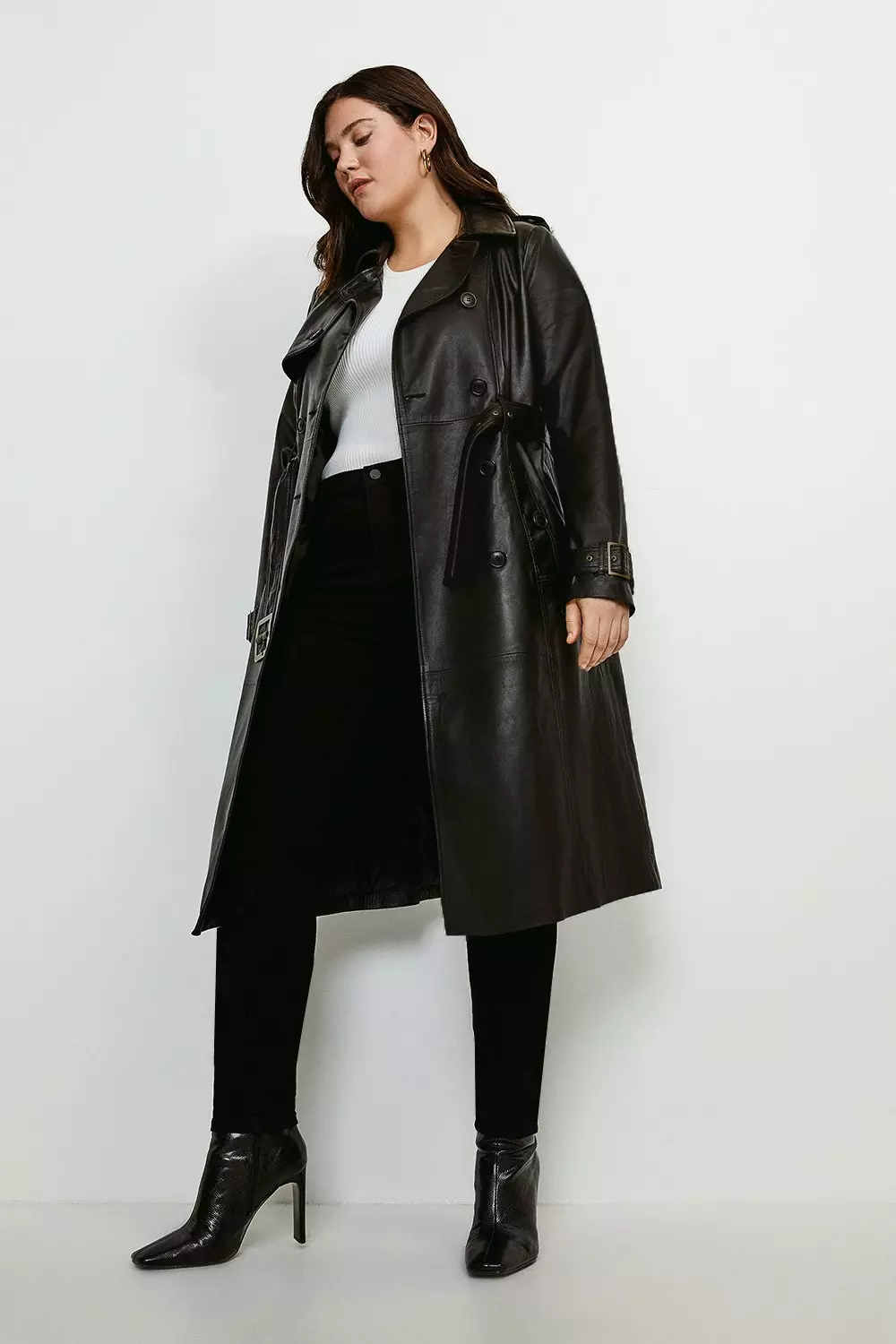 Plus Size Vegan Leather Belted Trench Coat Outerwear