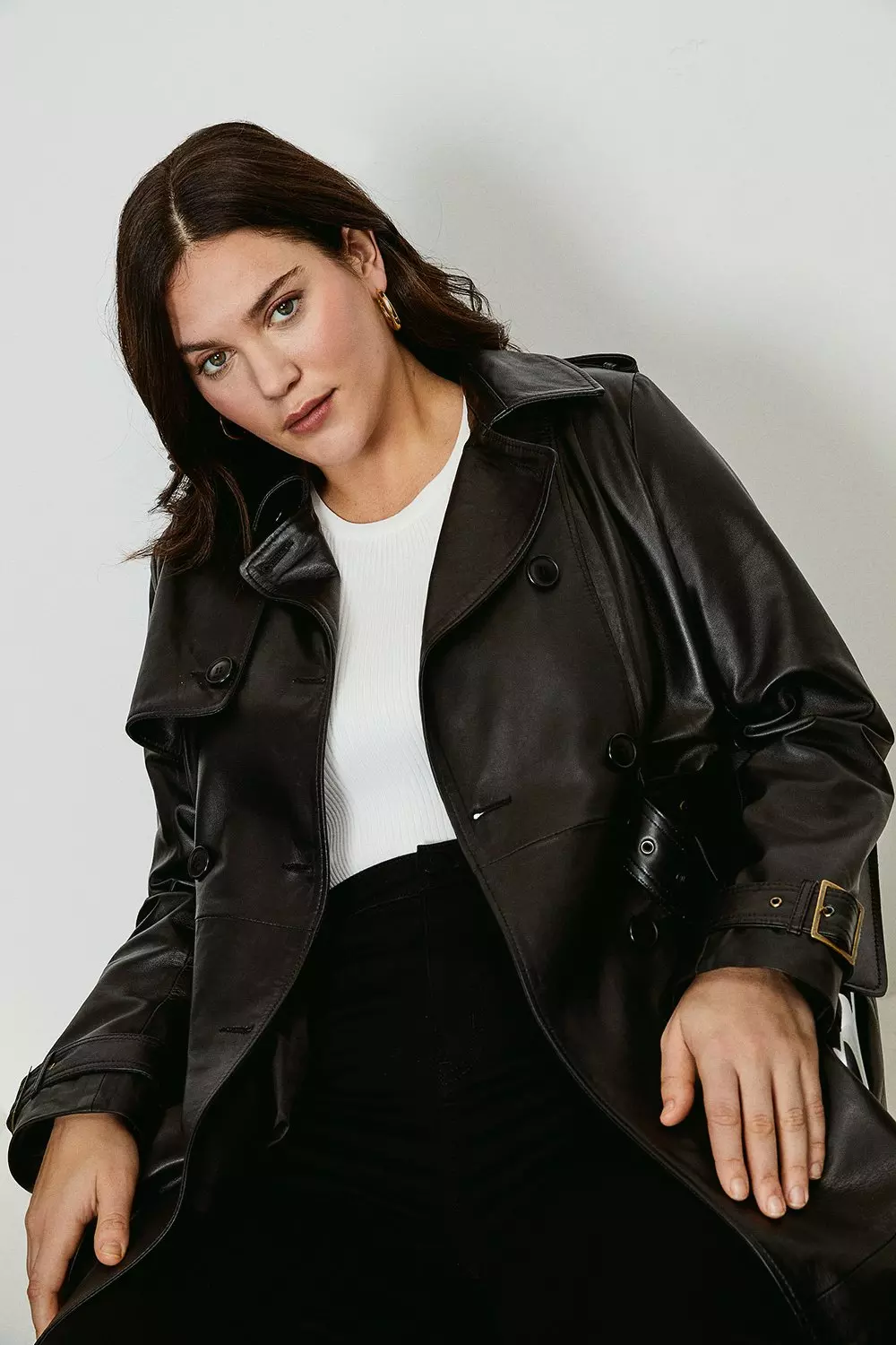 Plus Size Vegan Leather Belted Trench Coat Outerwear