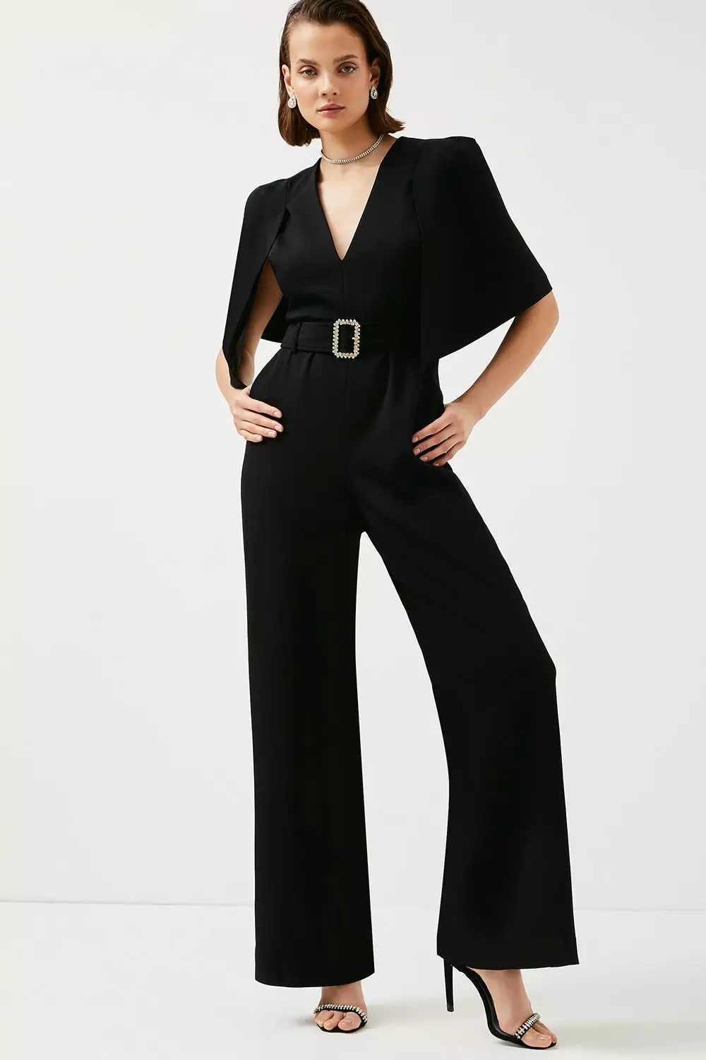 Compact Stretch Viscose Flared Jumpsuit | Karen Millen