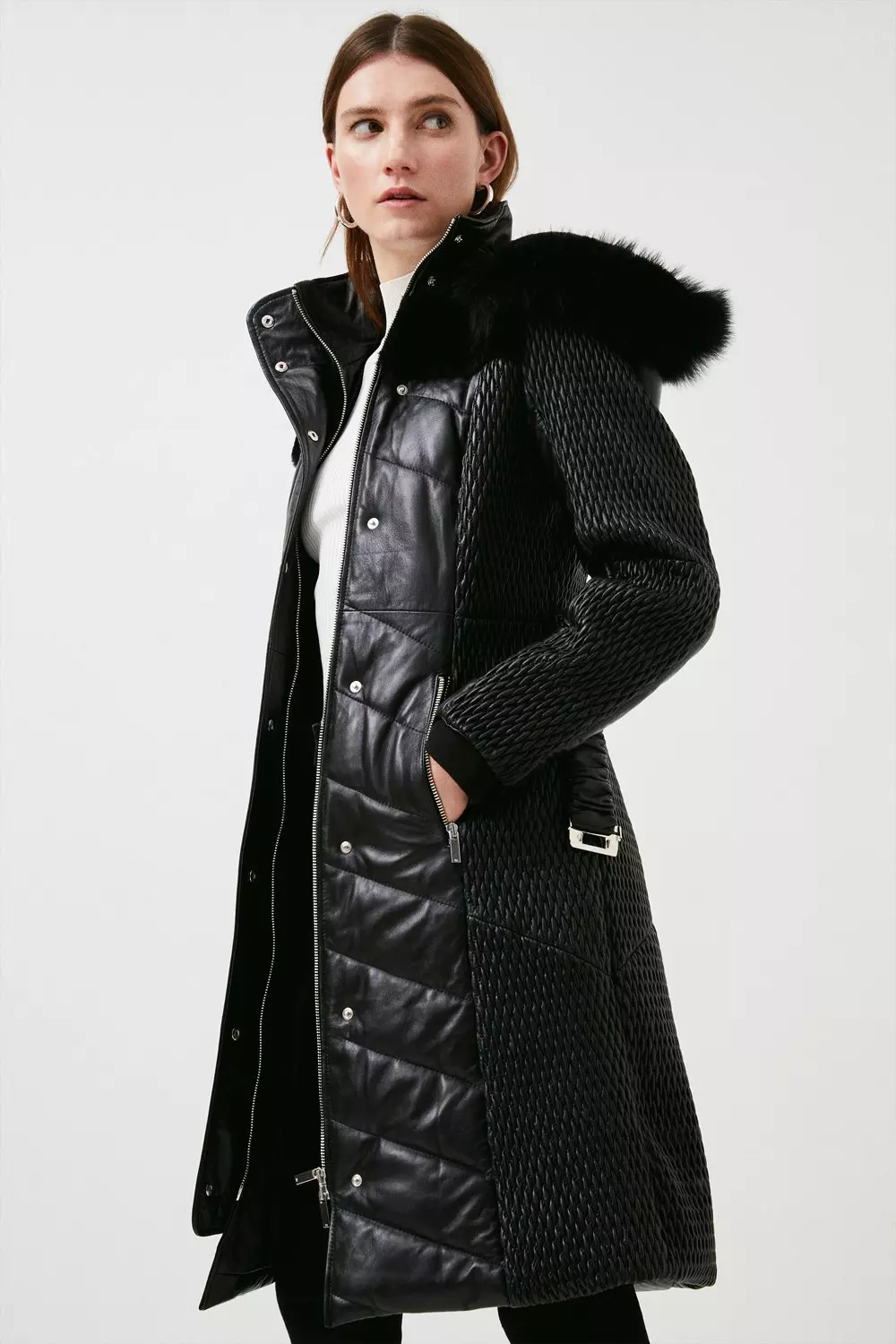 Leather puffer coat with fur trim sale