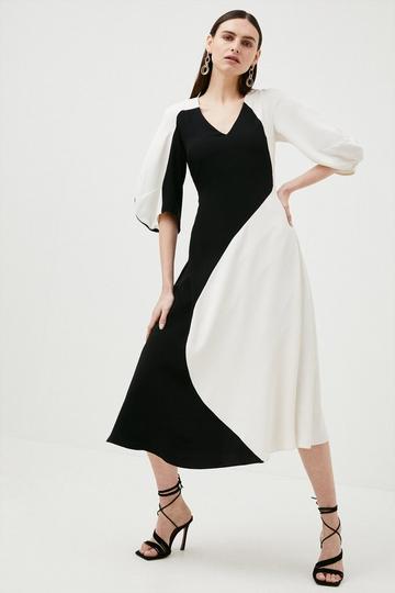 White Soft Tailored Colourblock Sleeve Midi Dress