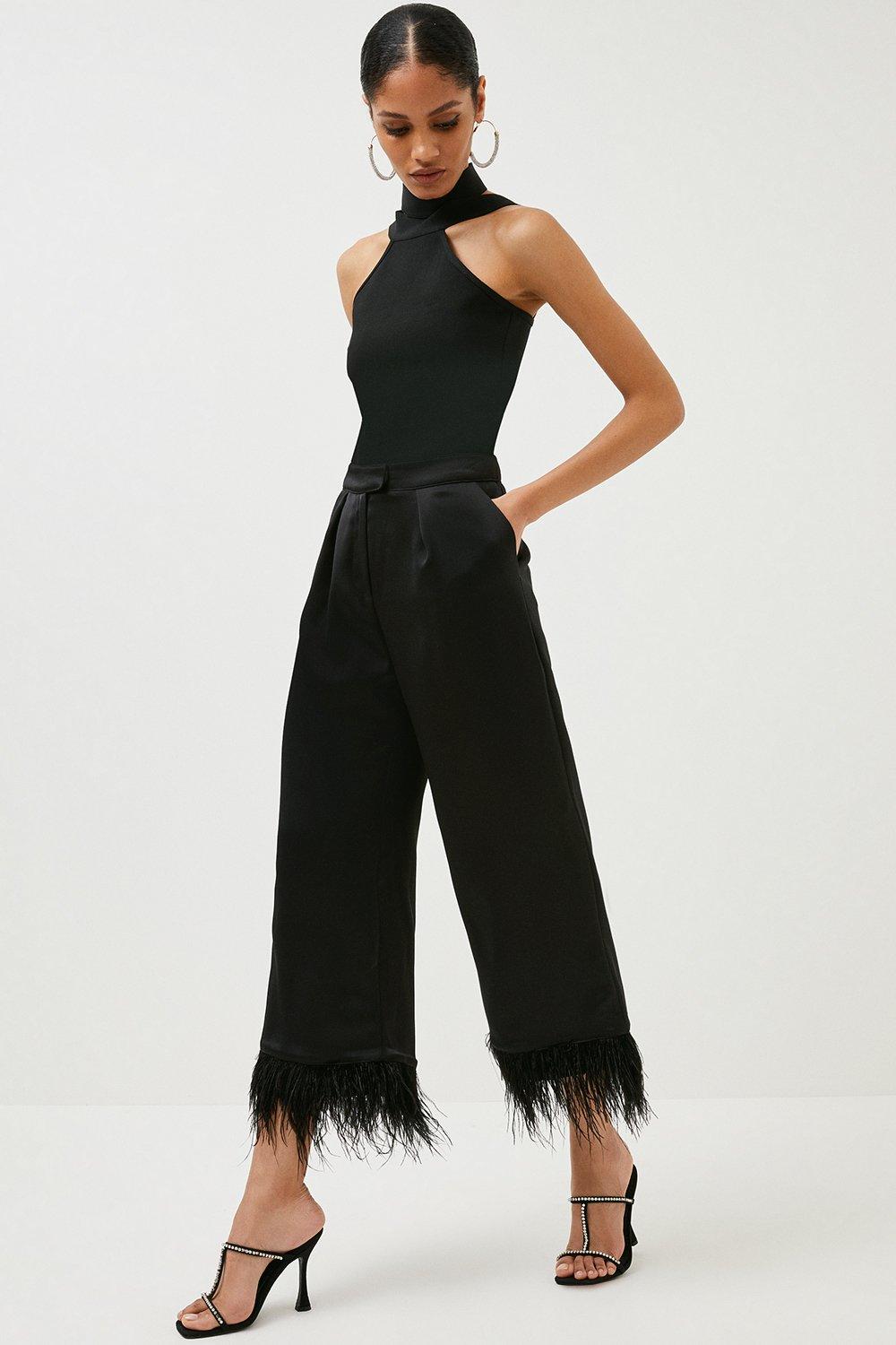 Detachable Feather Trim Stretch Crepe Pants