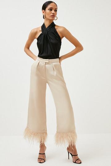 Satin Crepe Feather Trim Trousers neutral